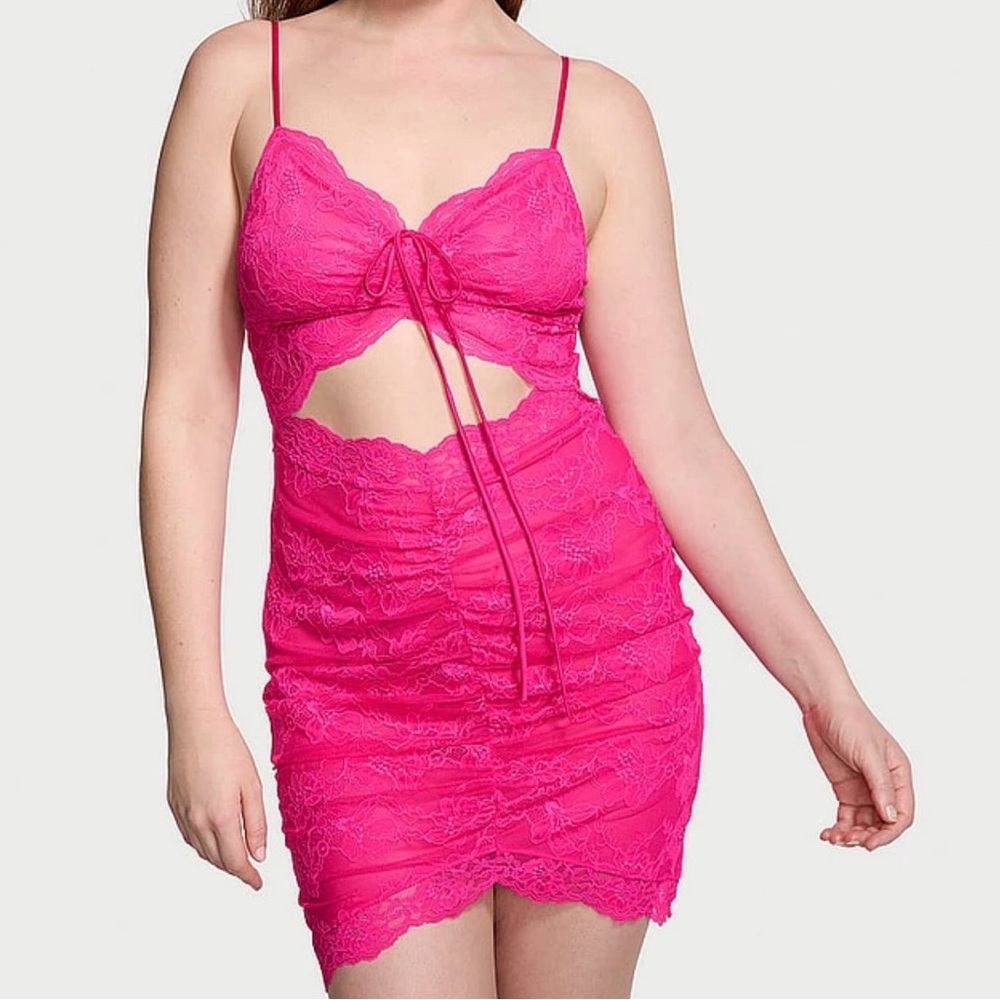 Victoria’s Secret hot pink lace sheer cutout mini babydoll lingerie dress